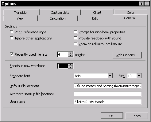 Excel Preferences Dialog